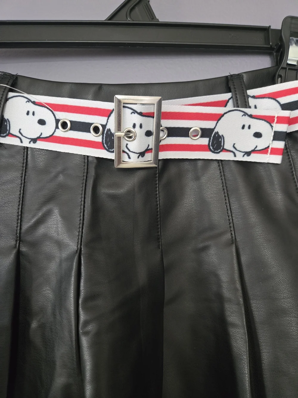 Justice Black Faux Leather Pleated Skater Skirt with Snoopy Stripe Belt